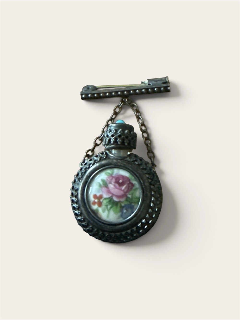 PRETTY Vintage Limoges Silver tone floral Filigree Perfume Bottle bar Pin Brooch